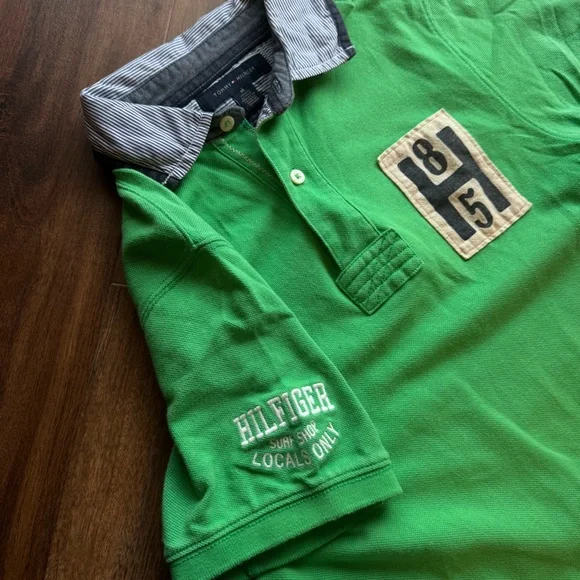 Tommy Hilfiger Vintage Green Rugby Polo Shirt M Patch Logo Short Sleeve Preppy - Picture 4 of 7